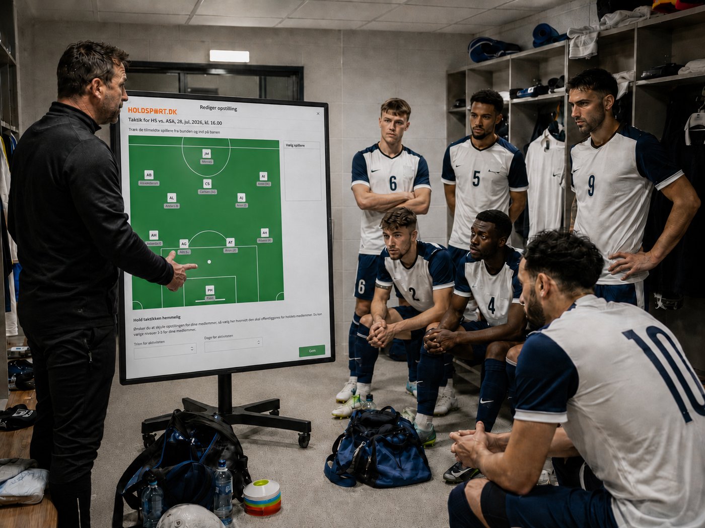 Team gathers around the tactics on the big screen with SportMember before the match
